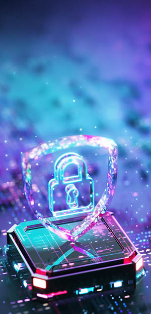 Conceptual illustration of data security as a lock above a computer chip.