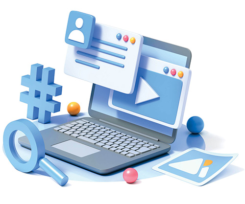 Computer with hashtag symbols and other indicators of use for social media