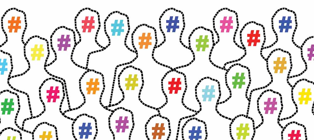 Rows of abstract depictions of people with hashtags over their faces