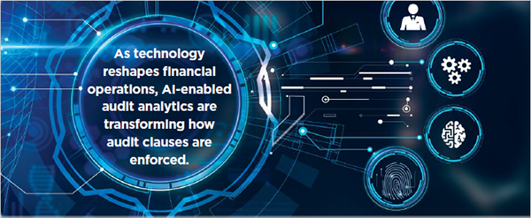 Blue tech graphic with text: “As technology reshapes financial operations, AI-enabled audit analytics are transforming how audit clauses are enforced.” Icons of person, gears, AI brain, and fingerprint linked by circuit lines on dark background.