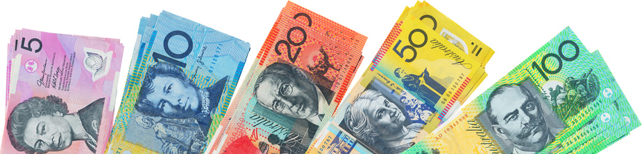 Stacks of colorful Australian banknotes arranged in ascending order: purple $5, blue $10, red $20, yellow $50, and green $100 notes, featuring notable figures and designs.
