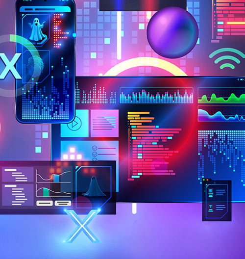 Digital computer technology concept. Software development. Internet cloud technology. Laptop, tablet, phone, elements interface in cyberspace.