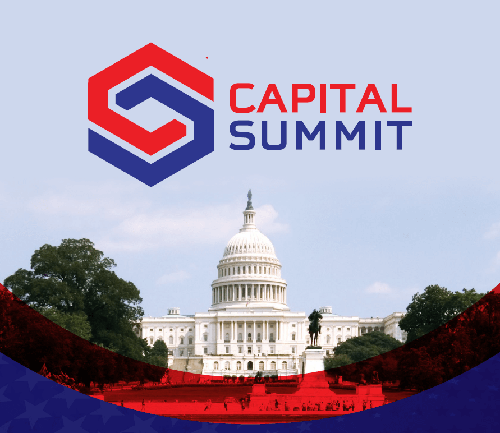 Graphic featuring the Capitol building beneath a blue sky, with the “Capital Summit” logo and text displayed above it. Red and blue curved design elements frame the bottom of the image.