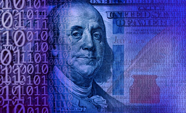 Close up American one hundred dollar bill and binary code of one and zero