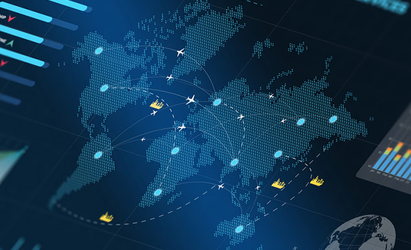 Digital world map with global shipping routes on computer screen