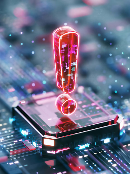Futuristic Digital Alert Icon on a Circuit Board with Vibrant Neon Colors.