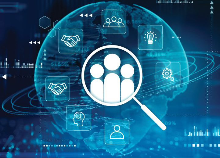 Magnifying glass highlighting a group icon over a glowing digital globe with technology symbols like handshake, lightbulb, gear, and brain, representing global networking, workforce analysis, and automation.