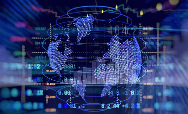 High-tech abstract background global financial market interface with world map and digital candlestick chart overlay.