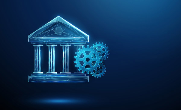 3D blue bank icon and gears representing banking process
