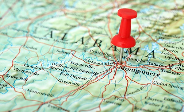 Map of Alabama with pin in Montgomery