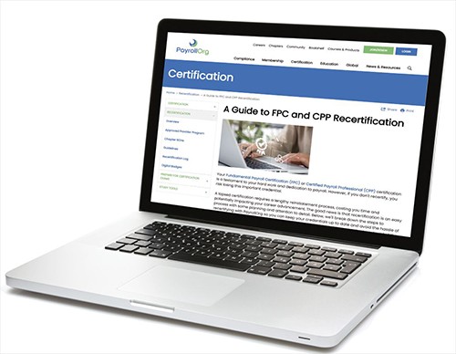 A laptop displaying a PayrollOrg webpage titled “A Guide to FPC and CPP Recertification,” shown on the screen with text and navigation menus visible.