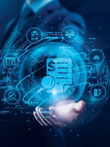 A businessperson’s hand holds a glowing digital sphere surrounded by icons representing payroll, documents, calendars, checkmarks, and financial data within a futuristic interface.