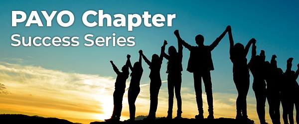 A group of people standing in a line with raised, joined hands against a sunset backdrop, with the text "PAYO Chapter Success Series.